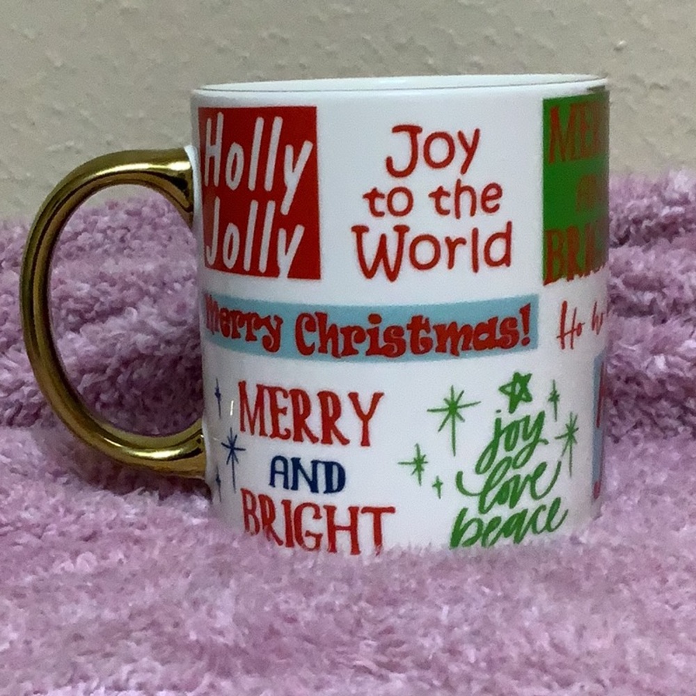 Happy Holidays 18 oz Mugs, Gold Handle, Coffee Merry Christmas, Joy to the world